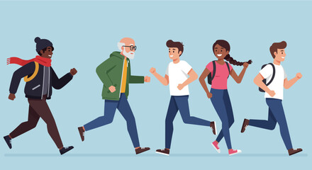 Obraz premium Vector illustration of a group of young people running and jogging.