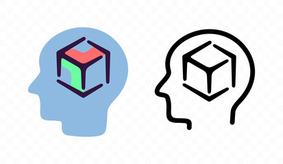 Human head with 3D cube inside and modeling, graphic design. Cybernetic, artificial intelligence, measurement and dimensions, vector design and illustration
