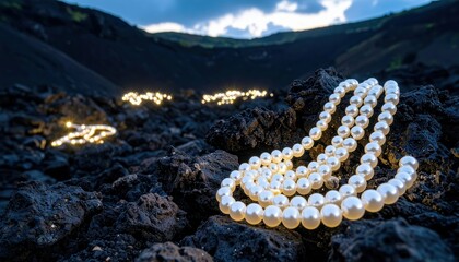 Mystical Pearl Necklaces in Volcanic Crater with Bioluminescent Glow