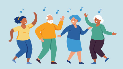 A group of seniors in a music therapy session using movement and dance to express themselves and connect with others. This form of therapy can improve physical and mental wellbeing. Vector