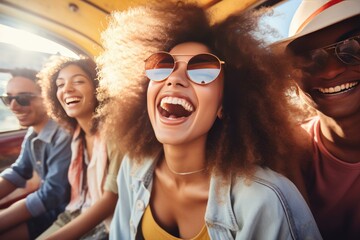 Group of cheerful young friends enjoying a road trip together in a vintage convertible car, laughing and having fun