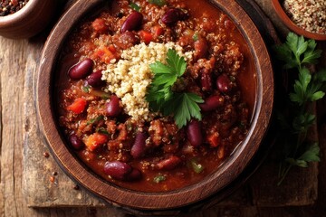 Chili sin Carne vegan mit Bohnen Quinoa Eintopfgericht pflanzlich Protein Bowl Chili Rezept herzhaftes Gericht gesunde Ernährung mexikanisch inspiriert Comfort Food Foodfotografie vegane Hausmannskost