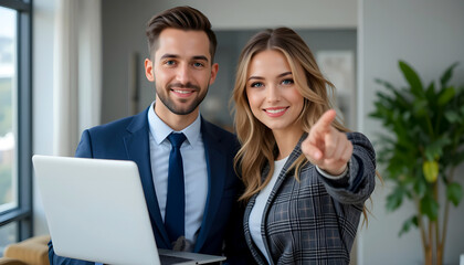 Two smiling business people collaborate on a laptop at their office desk, showcasing professional teamwork and communication