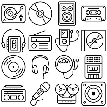Vintage Music and Audio Icon Set Outline Style