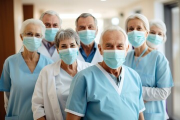 Medical team wearing protective face masks standing together in hospital hallway