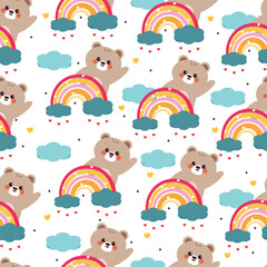 cute hand drawing cartoon bear with rainbow and clouds seamless pattern. cute animal pattern in white background for gift wrap paper and wallpaper