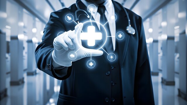 Faceless doctor hand presenting glowing medical cross icon with health tools in hospital environment - Powered by Adobe