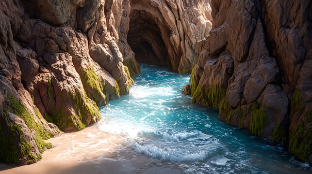 Explore hidden beach cave turquoise water ocean waves rocky cliffs coastline - Powered by Adobe