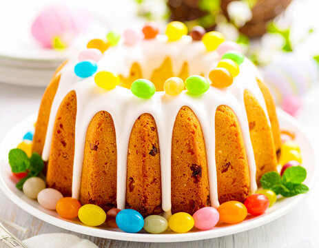 Vanilla bunt cake with white glaze and decorated with jellybeans for Easter. AI