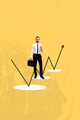 Collage of successful person near large rising arrow or stats symbolizing financial growth business...
