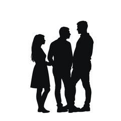 Silhouette of three people engaging in conversation on white background  