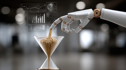 A unique funnel integrates AI and digital data displays while a robotic arm holds stones representing various marketing campaigns