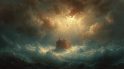 Noah's Ark Surviving Cataclysmic Flood, Wooden Vessel with Returning Dove, Divine Light Piercing Storm Clouds, Dramatic Seascape Oil Painting Masterpiece