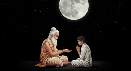 Guru Purnima, with a figure in traditional Indian dress standing in a meditative pose, and  bright full moon, warm lighting, cinematic, detailed, highly detailed, masterpiece, award winning
