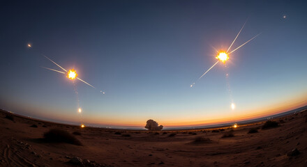 Obraz premium Low-angle, fisheye lens: Negev desert at dusk, vast and empty. Suddenly, the horizon ignites with blinding flashes – kinetic impacts of David's Sling interceptors shattering Iranian medium-range ball