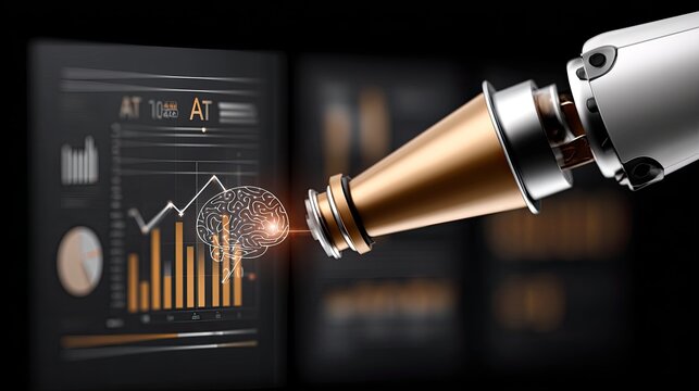 A unique funnel integrates AI and digital data displays while a robotic arm holds stones representing various marketing campaigns - Powered by Adobe