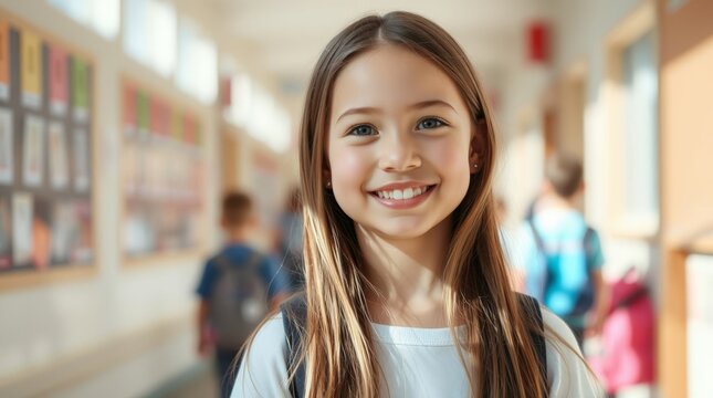 A student smiles in the school corridor during recess wearing white clothes - Powered by Adobe