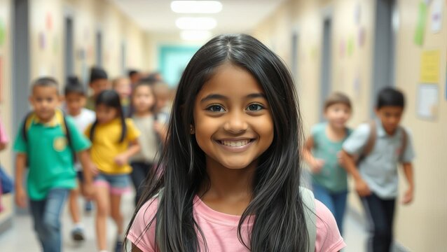 Asian dark-skinned schoolgirl smiling in school hallway with other students in pink clothes