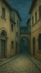 Mysterious medieval alleyway scene.