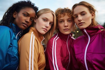 Four diverse female models stand together, showcasing colorful tracksuits in a contemporary fashion shoot