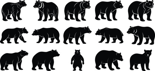bear silhouette collection with cub, on white background.
