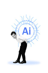 Vertical pop poster banner collage of happy schoolboy carry artificial intelligence app technology...