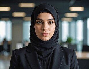 Closeup corporate headshot of serious Muslim businesswoman in black hijab against office background