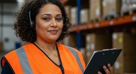 Warehouse employee with headset and clipboard, ready to assist with orders and logistics within a shipping distribution center.