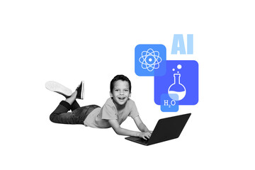3d pop image sketch art collage of happy schoolboy lay type laptop chemistry flask biology formula elearn digital courses ai