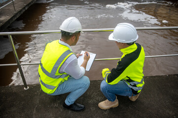 Two engineers are inspecting the operation of a wastewater treatment plant