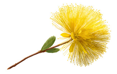 Mimosa flower with long stem, isolated on transparent background