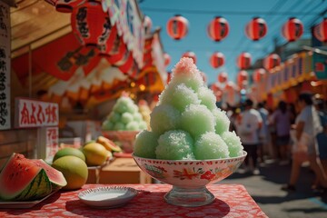 Melon kakigori melts in sunlight during vibrant Japanese summer matsuri celebration