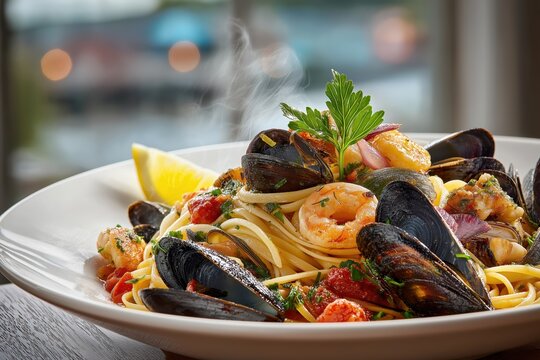 Linguine allo scoglio served with fresh seafood beside a serene seaside view