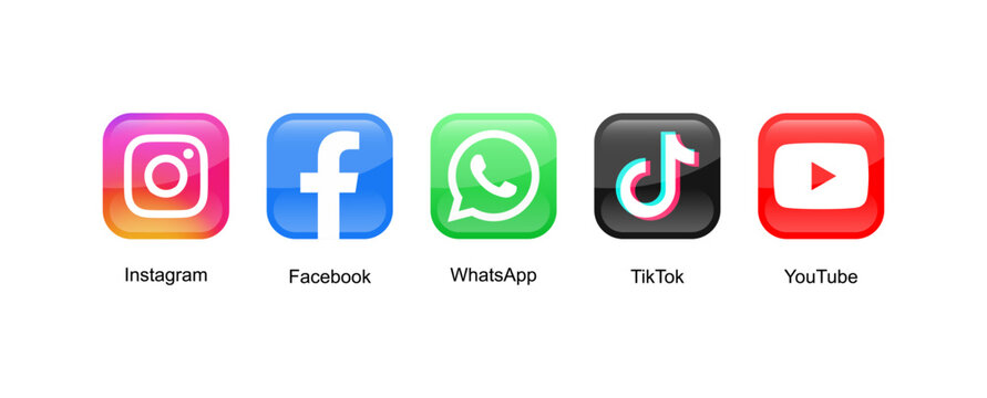 Instagram, Faceboo, WhatsApp, Tiktok, YouTube logo 3d icons. Social media icons button. Most popular social networks