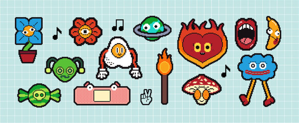 Pixels Y2k funny playful emoticon, emoji faces, icon stickers. . 8-bit retro style vector illustration for social media. Set of pixel art. Emoji pixelated icons.