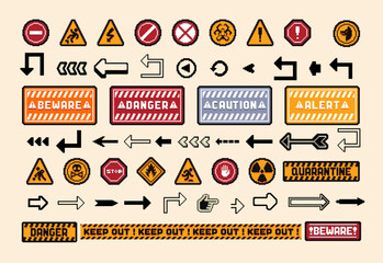 Set of the danger and attention signs, pixel icons. 8 bit pixel button set. Collection isolated vector illustrations
