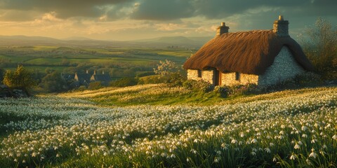A charming cottage with a thatched roof rests in a field of blooming flowers at sunset in a peaceful landscape
