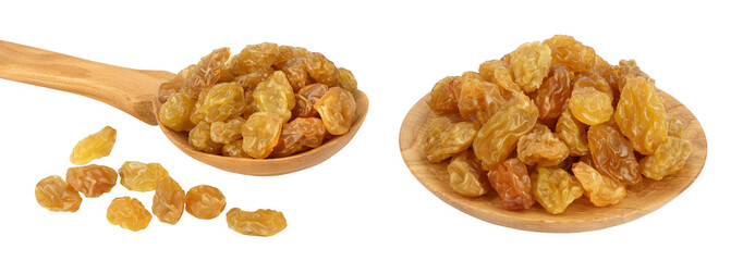 Yellow raisins in wooden spoon and bowl isolated on white background with full depth of field