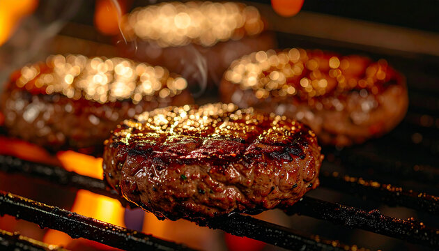 Juicy beef patties on grill. Tasty meat food. Delicious meal. Cooking and culinary concept.