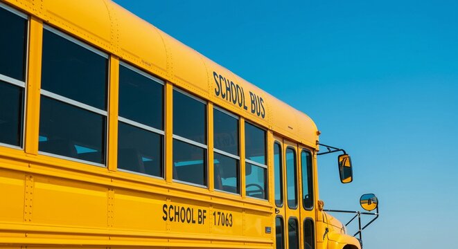 A yellow bus is against a blue sky. The bus is parked and still on a sunny day.  The bus is a school bus.