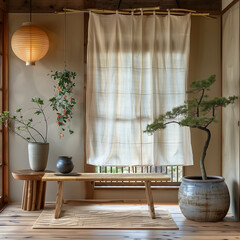 Japanese noren curtain hanging in a wooden doorway, traditional style, clean isolated view