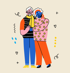 Cute elderly couple. Happy seniors together. Old men and women, spouses. Vector doodle cartoon illustration in flat style