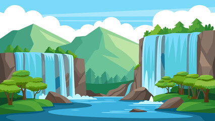 Fototapeta premium Beautiful natural landscape with cascading waterfalls and lush green mountains under a blue sky