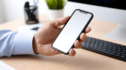 Close-up of male hand holding smartphone with white screen, ready for app mockup or digital content.