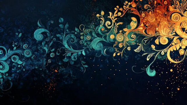 Elegant abstract floral pattern with gold and turquoise flourishes on dark backdrop