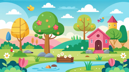 Fototapeta premium Charming cartoon landscape with a pink house river trees and flowers