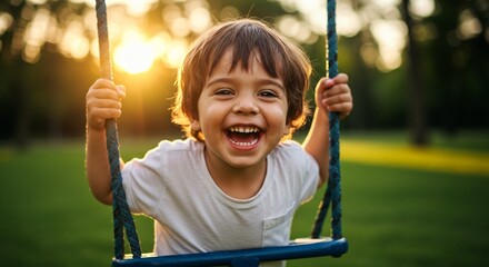 A young child joyfully swings on a swing set against a sun-drenched green backdrop, radiating pure happiness and childhood.