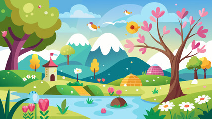 Naklejka premium Whimsical spring landscape with flowers mountains and a castle
