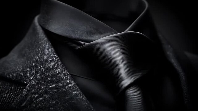 Close-up of a dark, sophisticated menswear ensemble.  A black tie knots elegantly around a black dress shirt, resting on a black blazer.  The focus is on the luxurious fabrics and meticulous details
