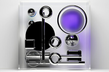 3d render with abstract art, with surreal geometry, soft figures as spheres, boxes, rings, cubes, tubes in silver metal material, glass, and aluminium on a light grey background